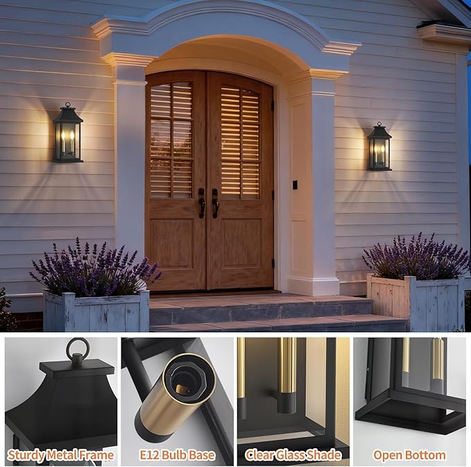 tewei 18'' Outdoor Wall Lights, Porch Light Outdoor Wall Sconce Lantern, 2-Light Black Exterior Lighting Fixture Wall Mount E12 Gold Base, Outside Light for House Backyard Garage, 2-Pack
