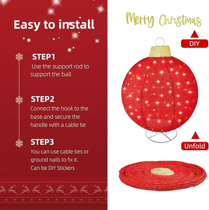 HOYECHI 3pc Lighted Pop-Up Outdoor Christmas Ornament Set – Holiday Ball Decorations with 290 LED Lights, 8 Lighting Modes, for Yard & Outdoor Christmas Decor - Red/Green/Gold