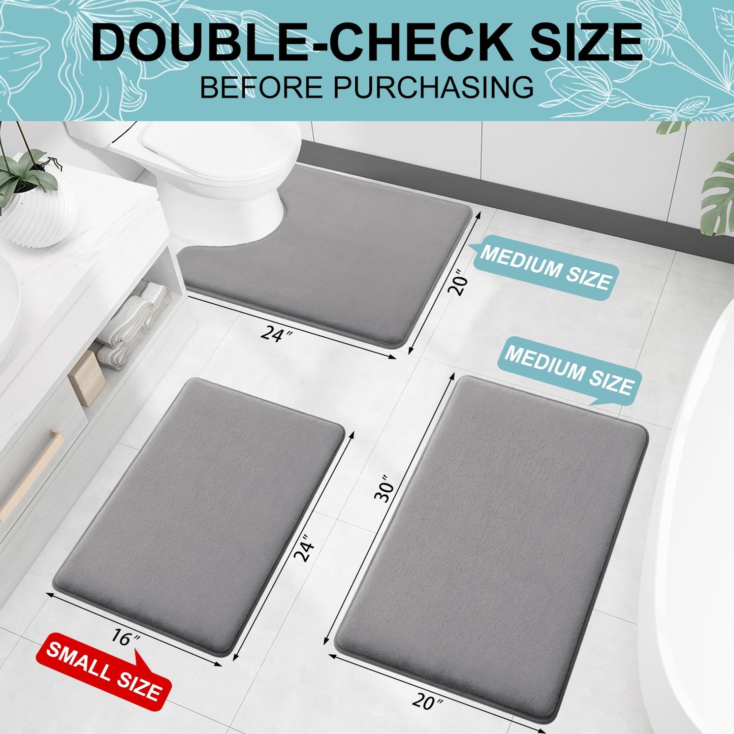 Smiry Memory Foam Bath Mat 47x17, Grey