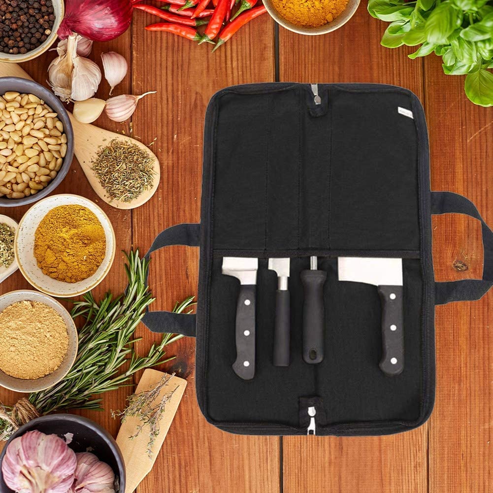 Knife Roll,Heavy Duty Knife Bag,Waxed Canvas knife Case with 4 Slots for Knives & Kitchen Tools,Chef Knife Bag with Handle.Portable Knife Roll Bag for Stroage Home Traveling Camping.Case Knives Pouch