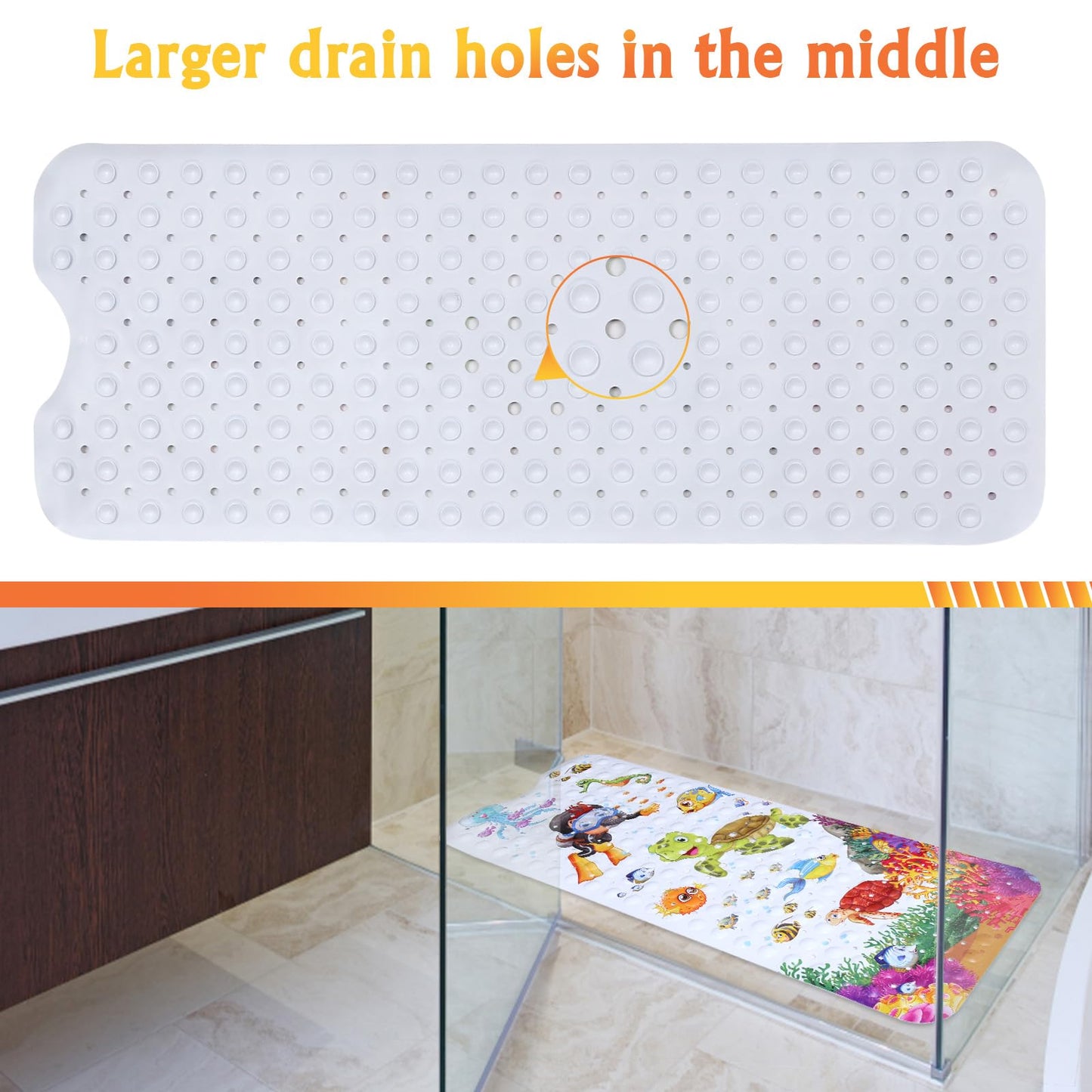 Bath Mat for Tub Non Slip, Machine Washable Anti Slip Cartoon Baby Bathtub Shower Mat with Drain Holes and Suction Cups for Toddler & Kids, 40 Inch x 16 Inch-Rectangular, Turtle