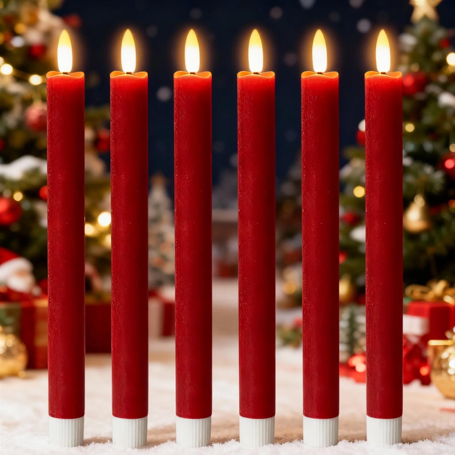Lasumora Red Flameless Taper Candles Battery Operated Flickering with 6H Timer, 3D Wick LED Taper Candles Real Wax Candlesticks, Party Christmas Home Decor 6 Pack 9.6" Christmas Red