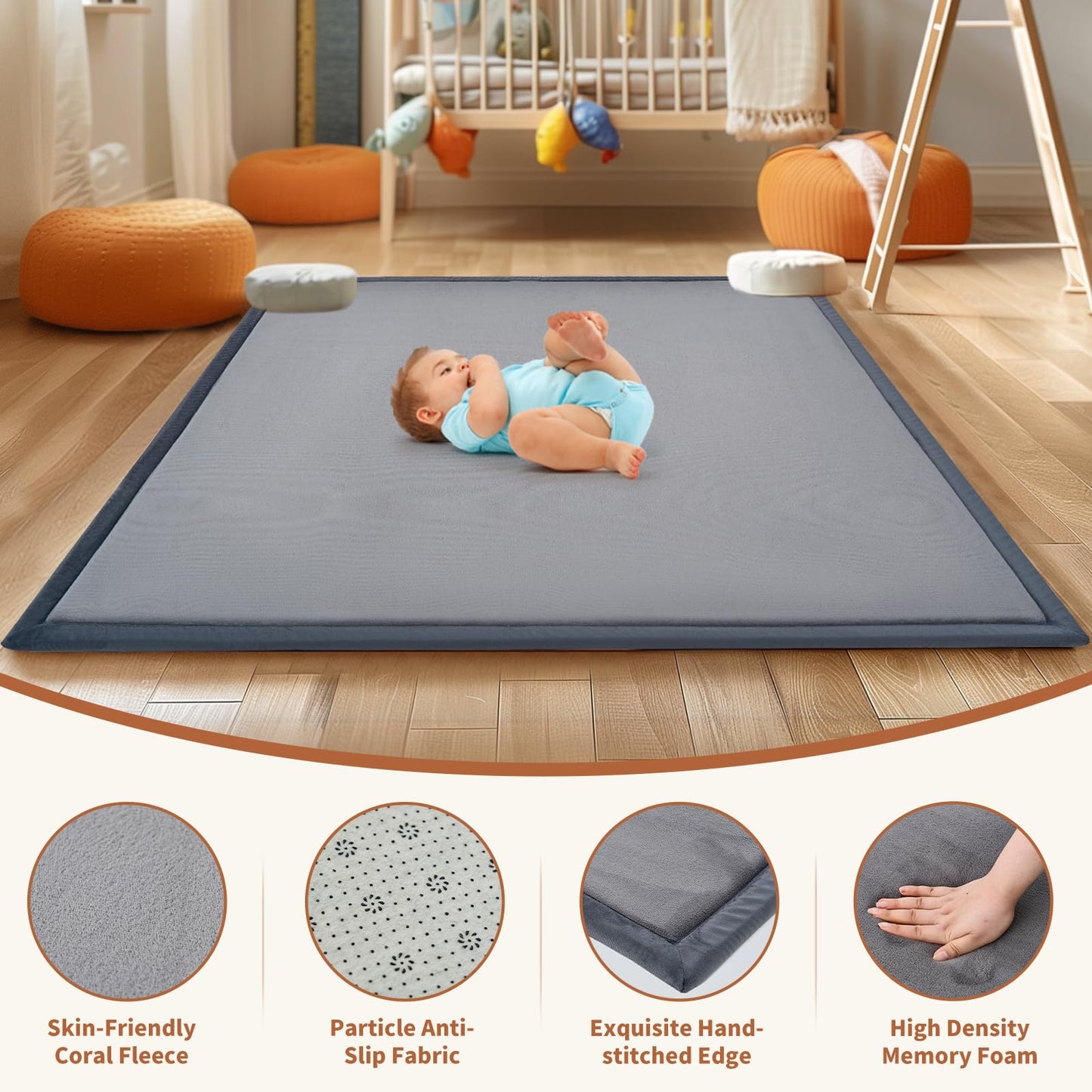 SUNYRISY Baby Play Mat for Floor 60 x 60in, 1.4in Thick Memory Foam Padded Play Mats for Baby, Soft Velvet Infants Toddler Kids Crawling Mat for Nursery, Non-Slip Bottom
