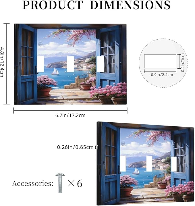 Decorative Art Light Switch Covers Seaside Window View 3 Gang Triple Toggle Wall Plate Decorative Switch plate Electrical Faceplate for Home Decor
