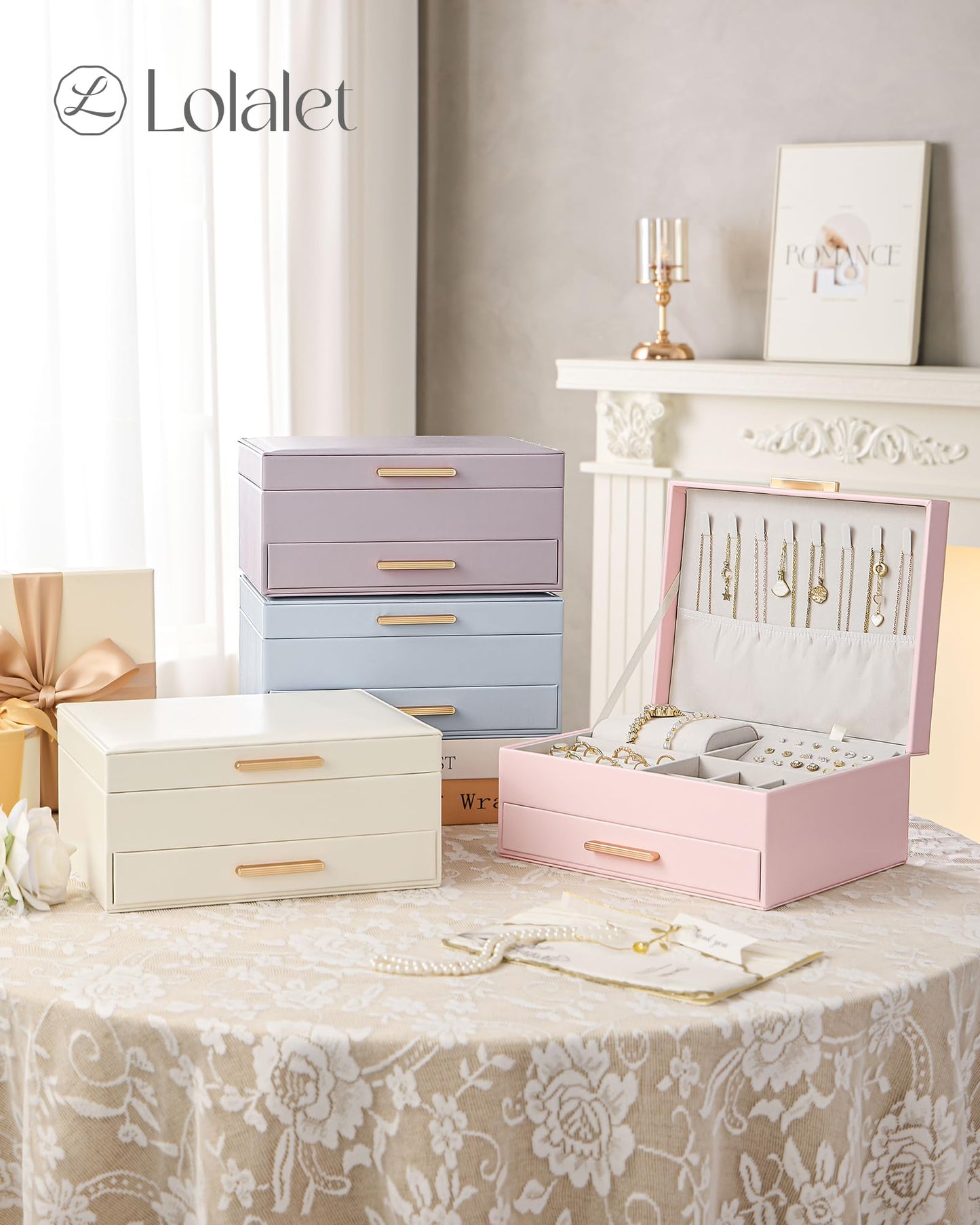 Lolalet 2-Layer Jewelry Box Organizer for Women Girls, Jewelry Storage Case Holder with Drawers for Necklaces Ring Earrings Bracelet Watch, Gifts Choice for Mom Mother’s Day -Pink