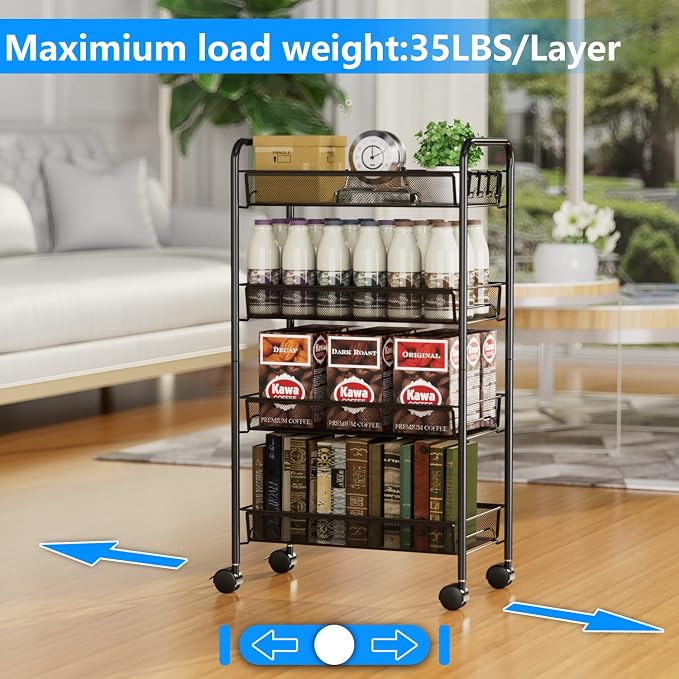 OVICAR 4 Tier Mesh Wire Rolling Cart, Kitchen Storage Organizer Utility Cart, Full Metal Basket Storage Art Trolley Carts with Wheels & 4 Side Hooks