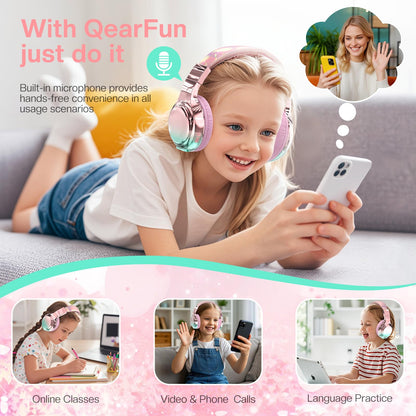 QearFun Kids Bluetooth Headphones, 60H Playtime, 74/85/94dB Safe Volume Limit, Metallic Gradient Wireless Headset with HD Mic, Fast Charging, Foldable, Wired 3.5mm Mode for School/Tablet/Travels