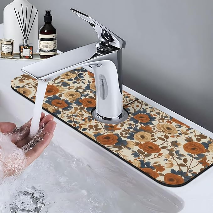 Faucet Draining Mat For Kitchen Sink, Peony Flower Blue Leaves Diatom Mud