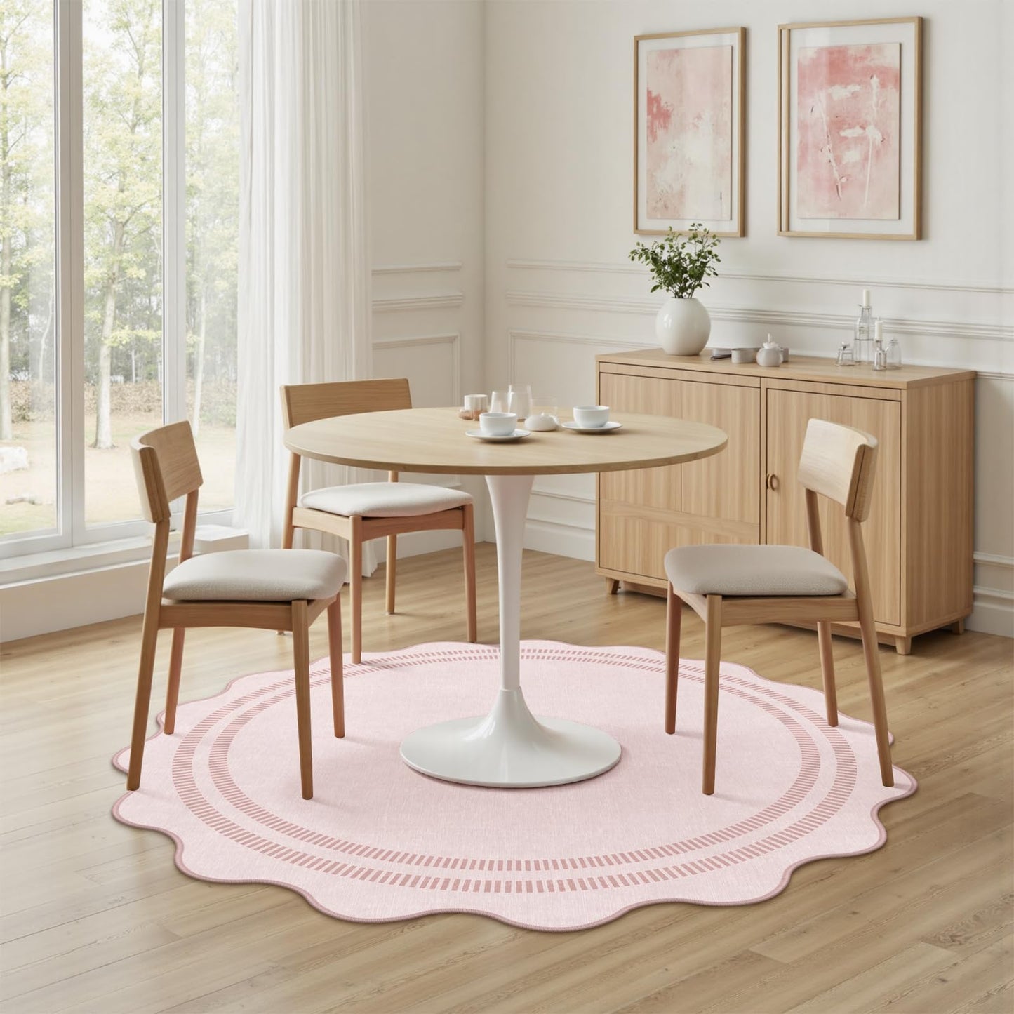 LORWER Washable 5ft Area Rugs for Living Room, Solid Pink Non Slip Rugs for Bedroom Girls, Stain Resistant Scalloped Soft Carpet for Nursery Dorm Dining Room