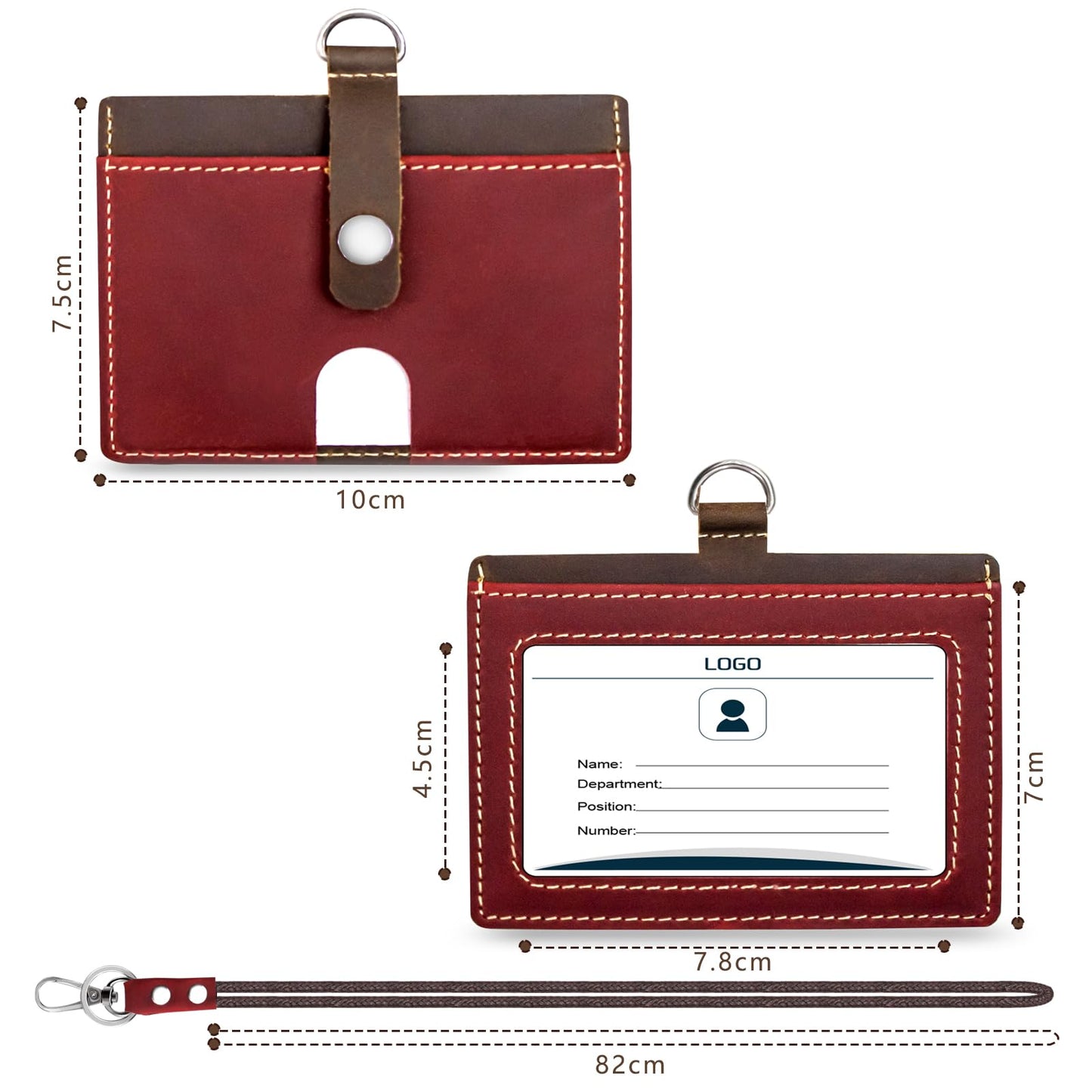 Badge Holder: Boshiho Cowhide Leather ID Badge Card Holder with 19" Neck Lanyard, Horizontal Style (Red)