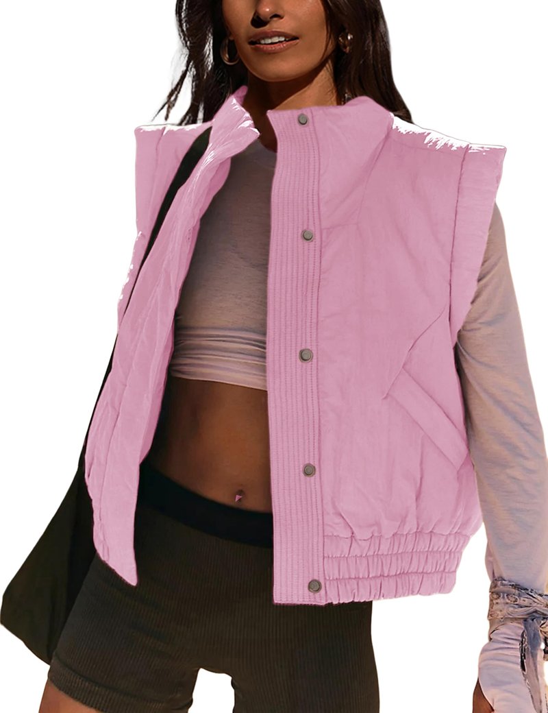 Lviefent Womens Puffer Vest Cropped Lightweight Button Down Quilted Vest Sleeveless Padded Gilet Coat with Pockets (Pink-M)