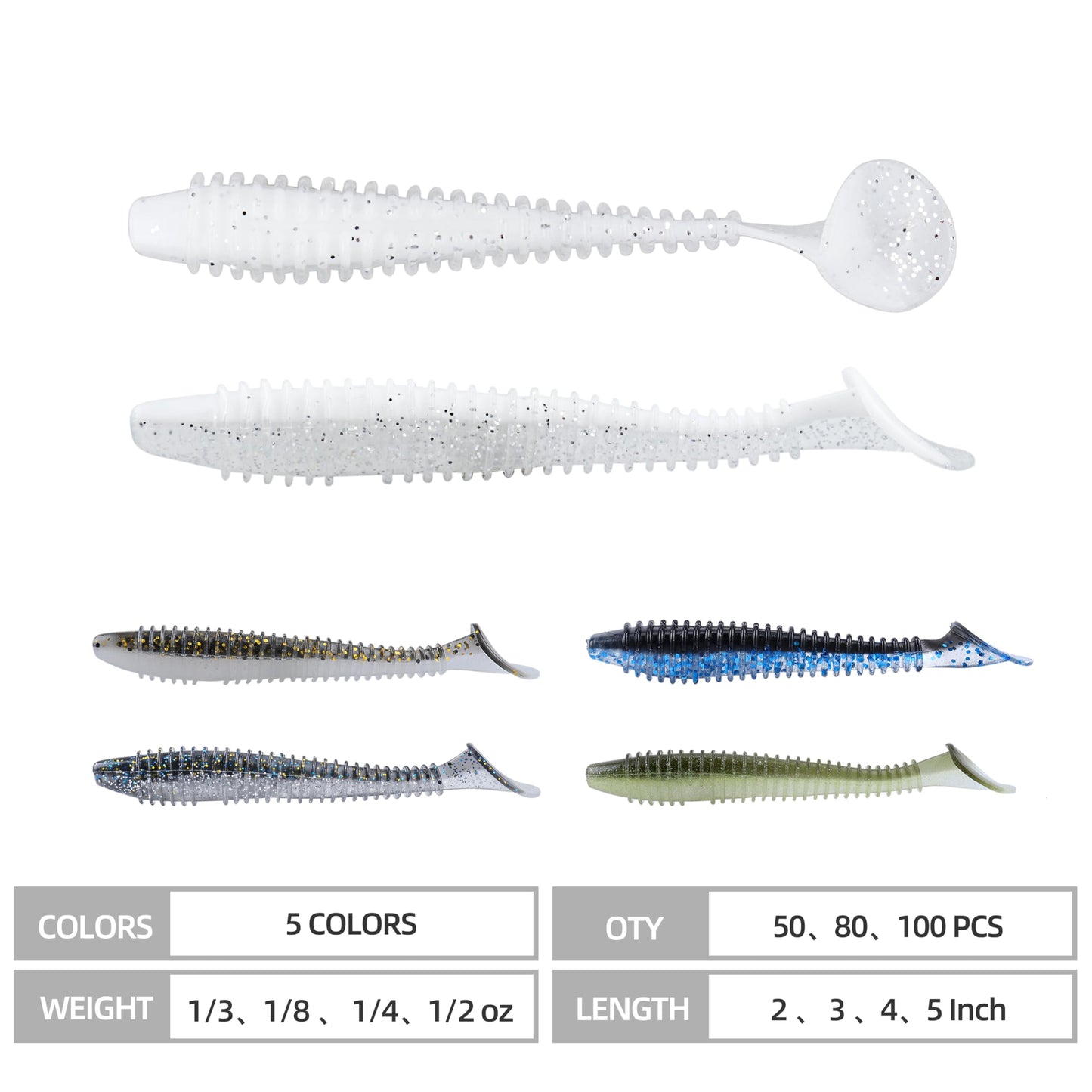 100pcs Swimbaits Paddle Bulk Lure Kit, Soft Fishing Lures for Bass Trout Crappie, Durable Swimmer for Saltwater/Freshwater（Silvery White, 3in）