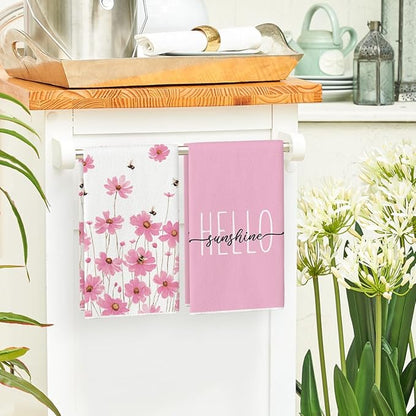Artoid Mode Pink Flowers Bee Hello Sunshine Spring Kitchen Towels Dish Towels