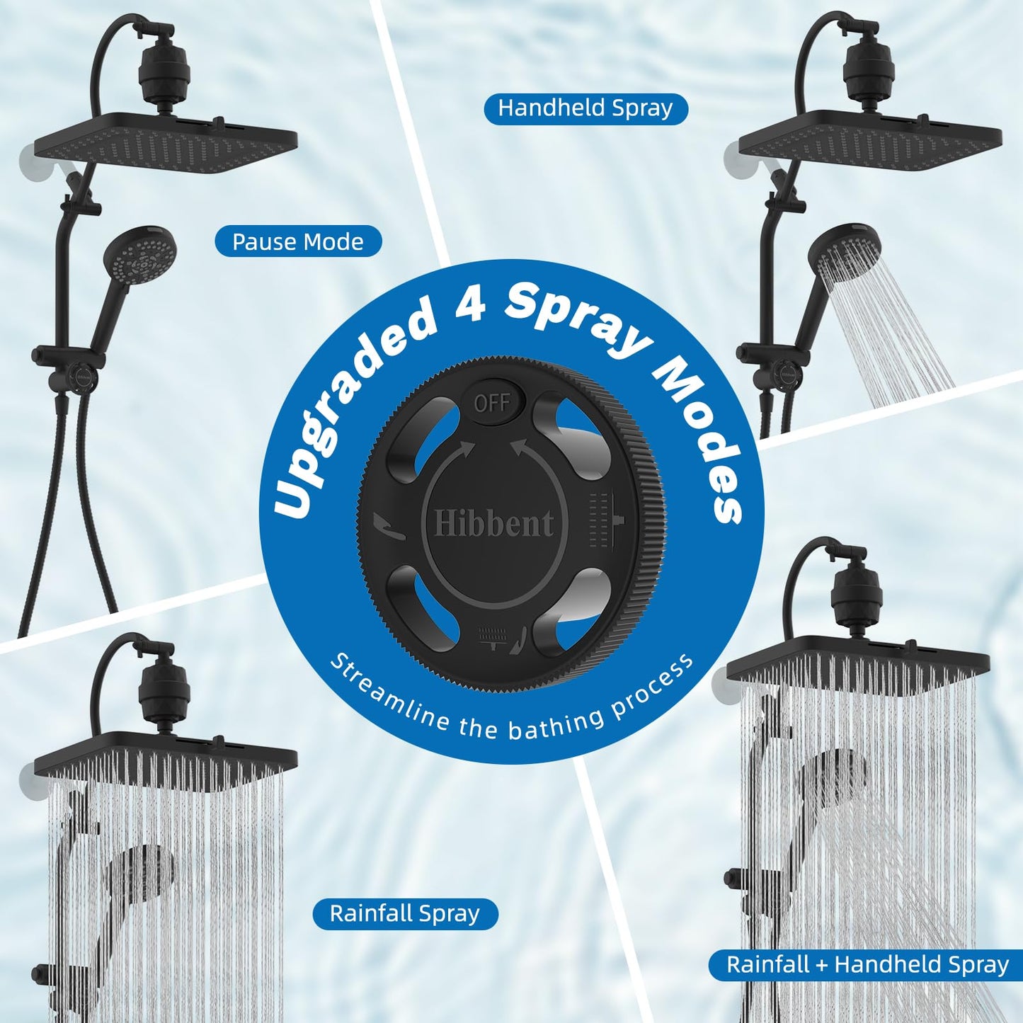 Hibbent 5-spray Dual Filtered Rainfall Shower Head Combo, High Pressure 13'' Showerhead with 10 Spray Mode Handheld, Easy Reach 4-way Diverter Shower Arm with Pause Mode, 71'' Hose and Holder, Black