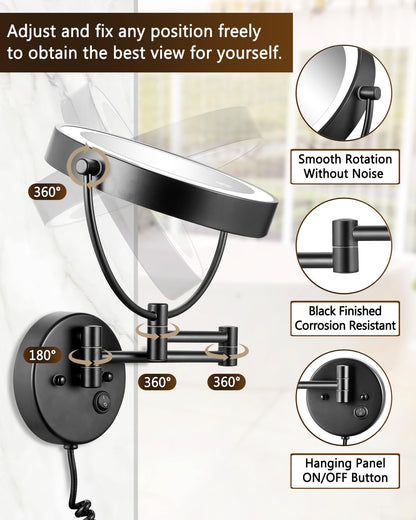 ALHAKIN 9" Wall Mounted Lighted Makeup Mirror, Large Rechargeable 1X/10X Magnifying Mirror with 3 Color Lights Dimmable, 360° Rotation, Nickel