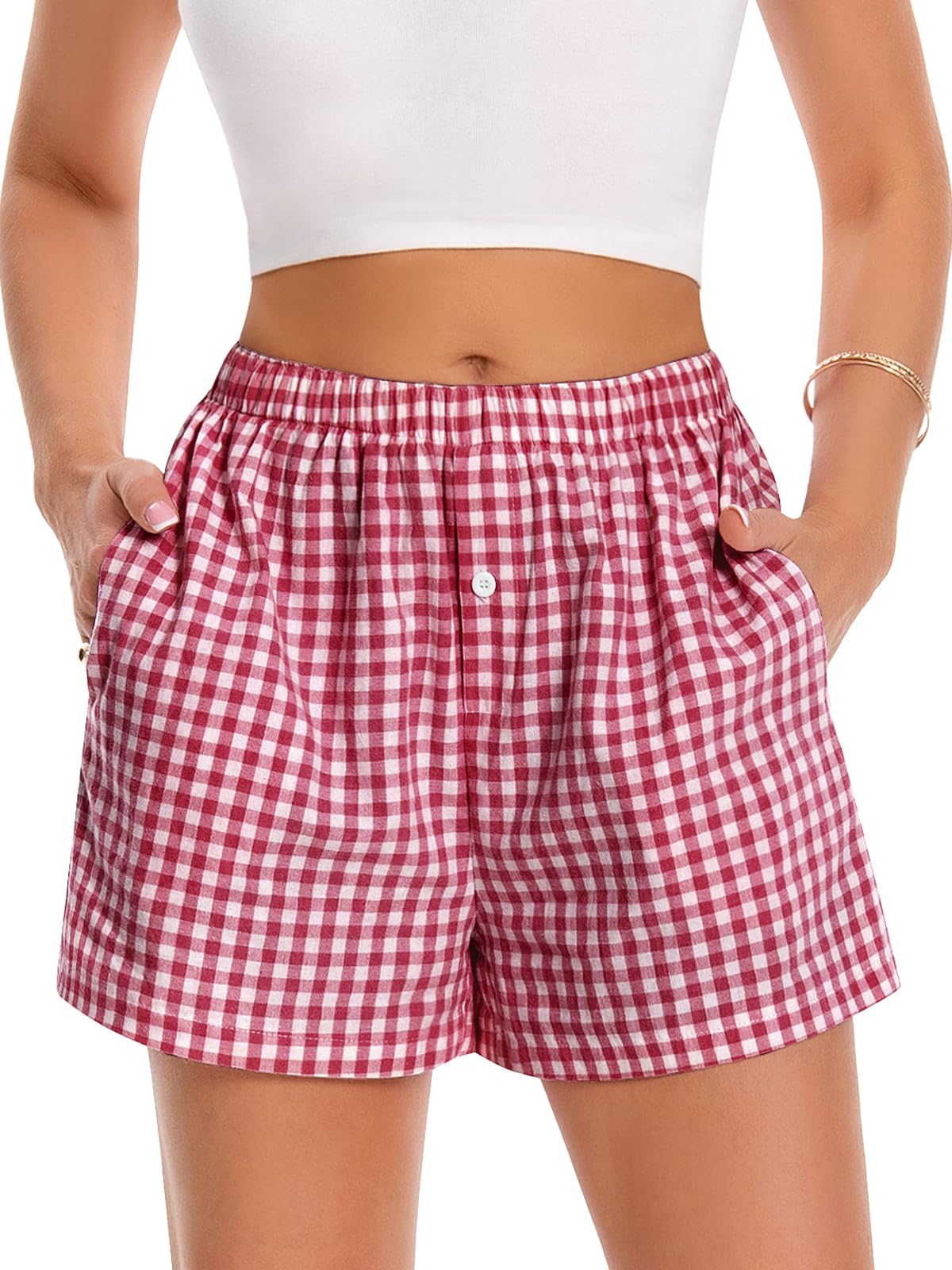 Boxer Shorts for Women Summer Gingham Pajama Casual Plaid Shorts Y2K Beach Bottoms with Pocket(Red, M)