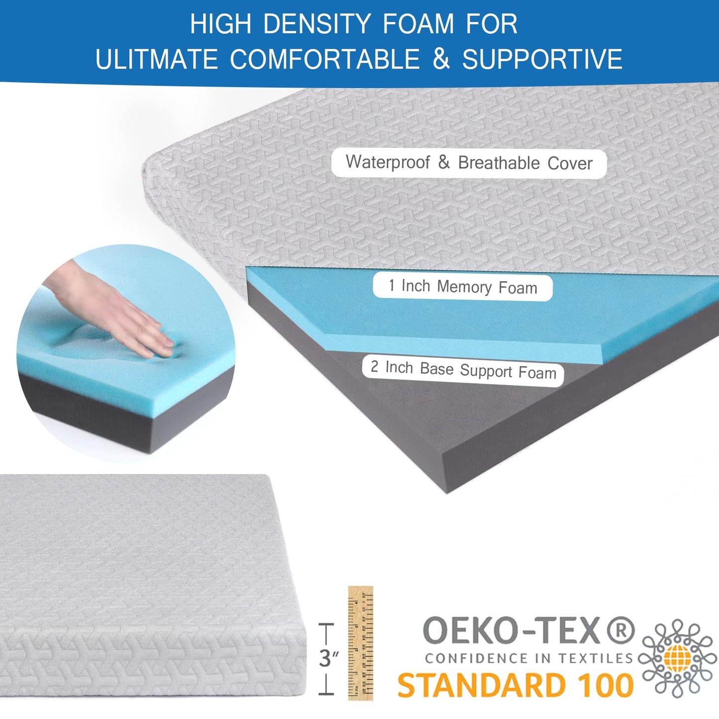 Memory Foam Camping Mattress Pad 3 Inch Thick, Soft Sleeping Pad with Waterproof Cover, Roll Up Cot Mattress Pad Topper for Travel Truck Bed Tent, Pad Only