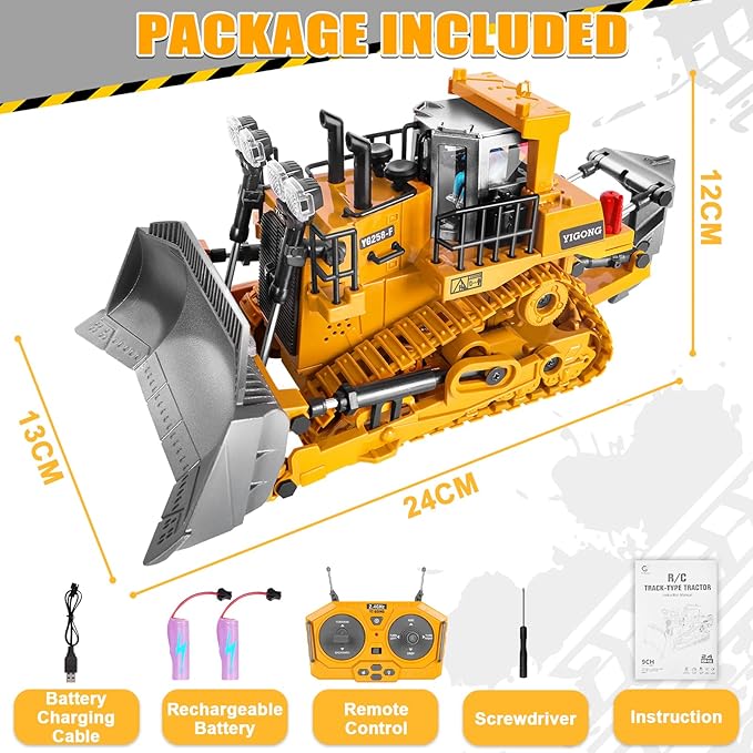 Remote Controlled Bulldozer 9-Channel Metal RC Construction Vehicle Toy with Lights Sound and Rechargeable Battery Remote Controlled Bulldozer Toy Gift for Kids Boys Girls Aged 4-12 (2.4 GHz)