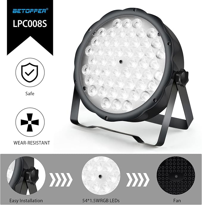 BETOPPER LED Par Lights 54 x 1.5W, RGB Stage Lights DMX DJ Lighting Sound Activated with Stand, Strobe Light & Wash Par Lighting DMX for Parties, Church, Wedding, Bars