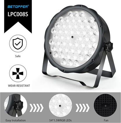 BETOPPER LED Par Lights 54 x 1.5W, RGB Stage Lights DMX DJ Lighting Sound Activated with Stand, Strobe Light & Wash Par Lighting DMX for Parties, Church, Wedding, Bars
