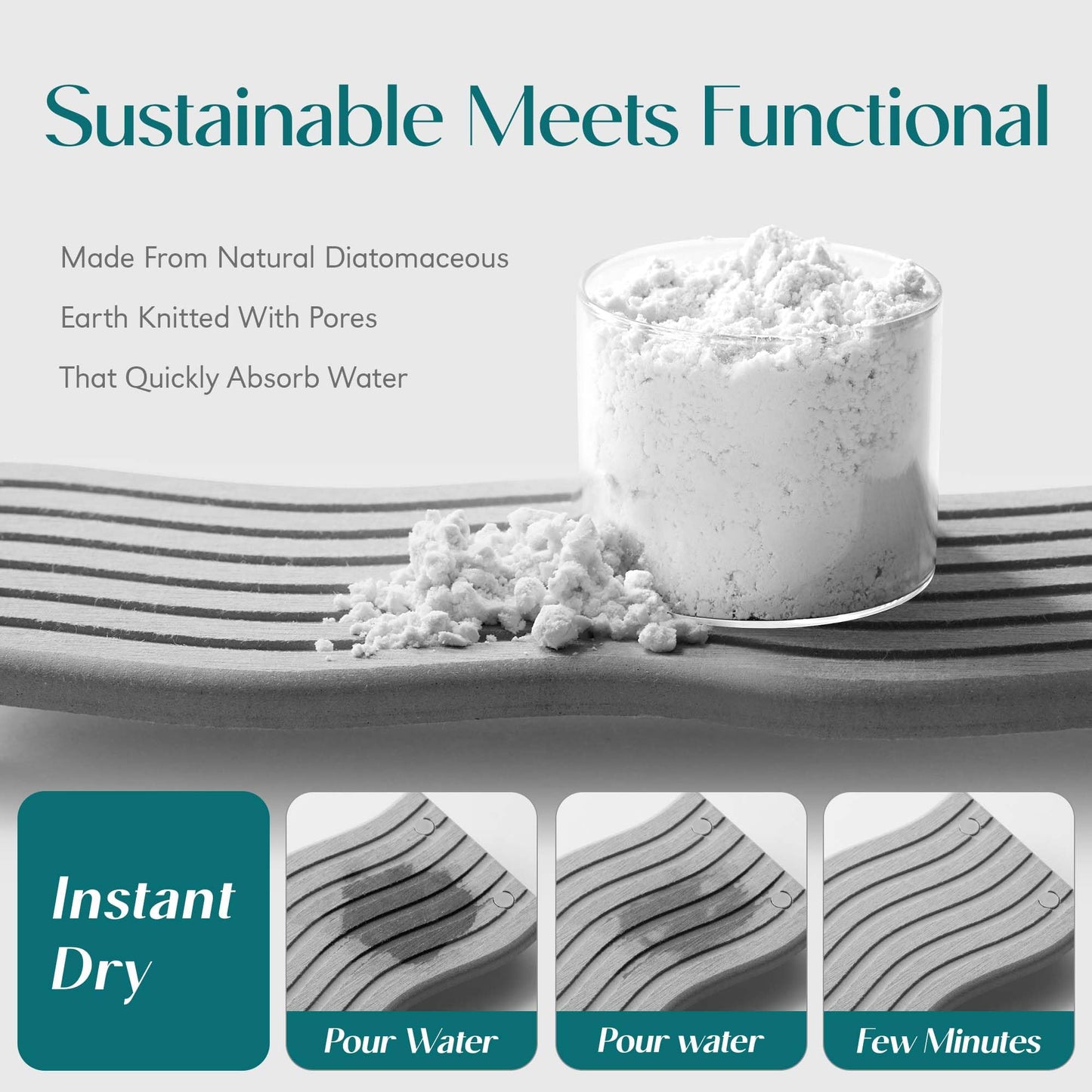 Water Absorbing Stone Tray for Sink, Diatomite Drying Stone for Kitchen Bathroom Counter, Decorative Raised-Feet Vanity Tray, Sink Caddy Organizer for Dish Soap & Sponge Holder [Grey, 12'' x 4'']