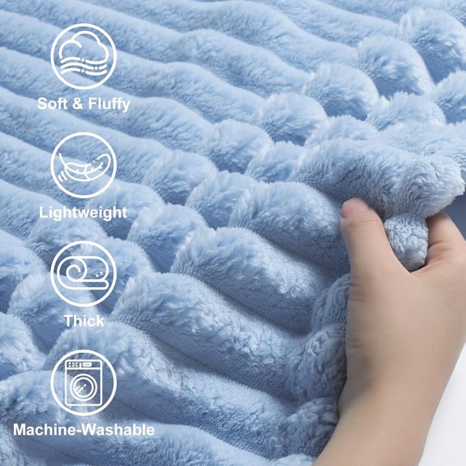 decorUhome Soft Fleece Blue Grey Blanket Queen Size for Bed, Cozy Fluffy Plush Flannel Large Striped Throws for Couch Sofa, Lightweight Decorative Fuzzy Blanket for Woman, 90x90 Inches