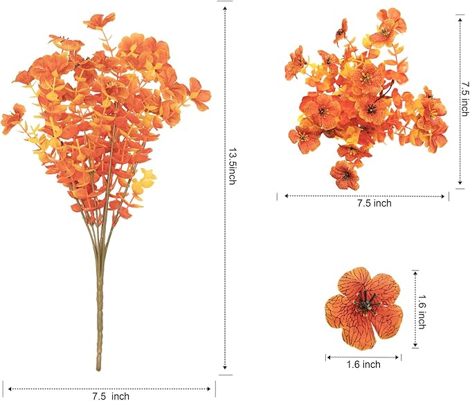 Outdoor Artificial Flowers, 8 Bundles Fake Flowers Autumn Decoration, No Fade Faux Plastic Shrubs for Garden Patio Porch Window Box Decor (Fall Orange)