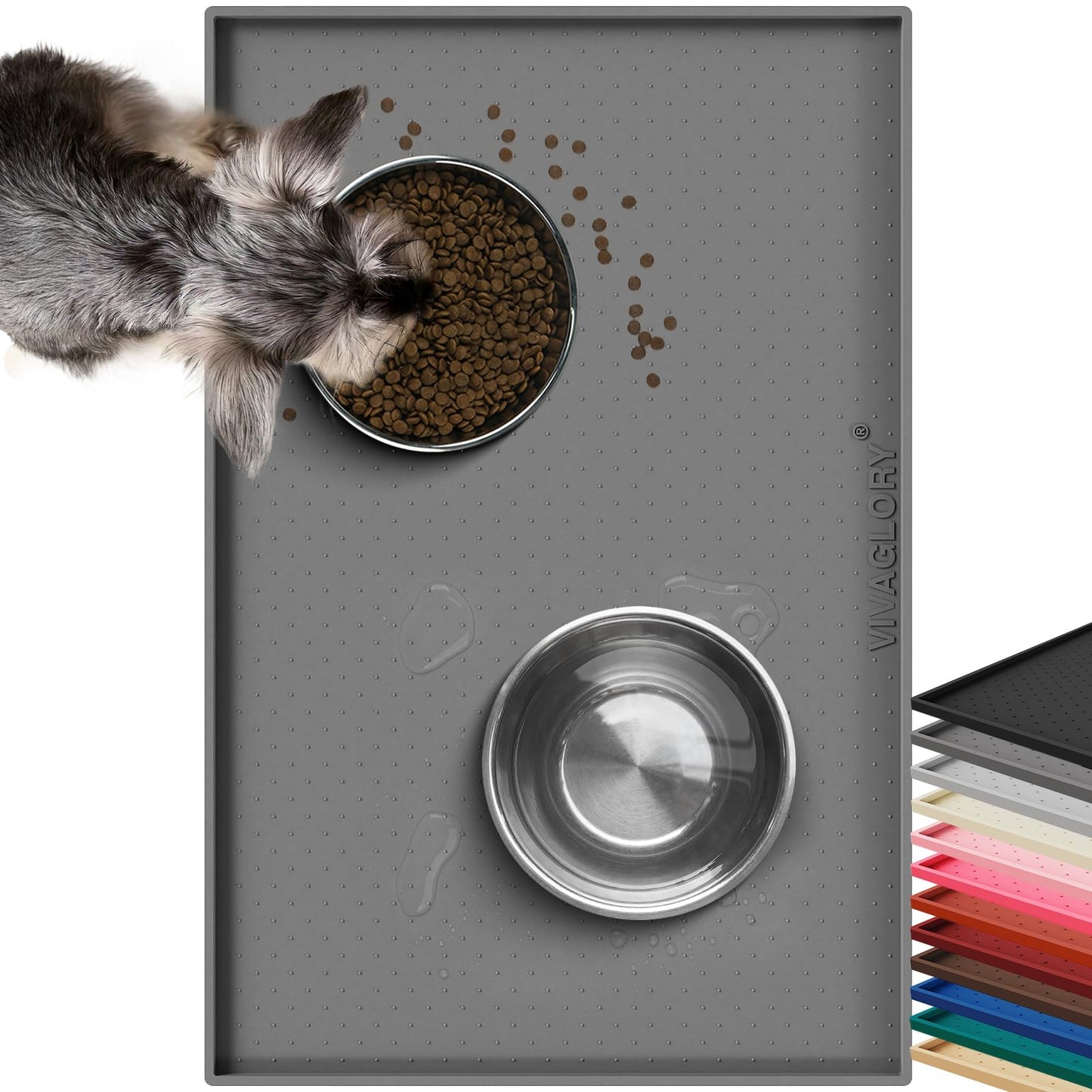 VIVAGLORY Dog Bowl Mat Grippymat Pet Food Mat, Waterproof Washable Nonslip Silicone for Pet & Cat, Food and Water Placemat with Lip & Raised Edges for Indoor Floor, S, Grey