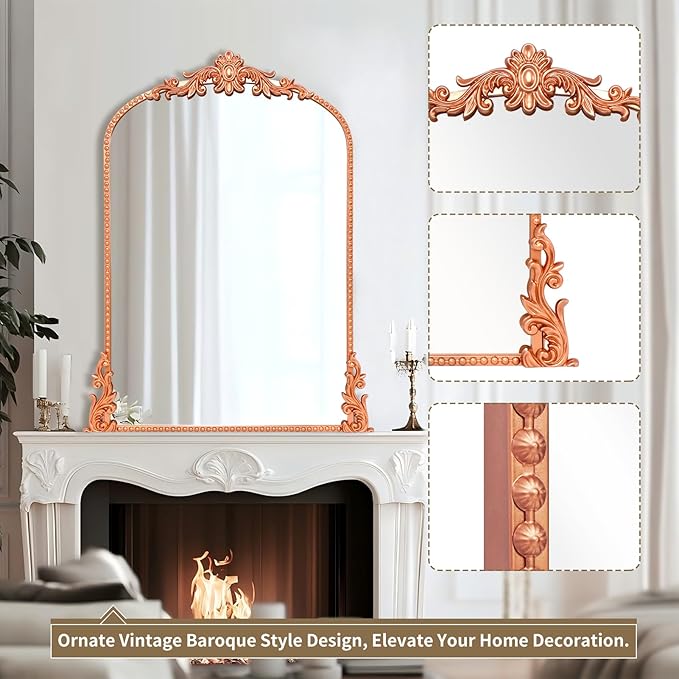 Growsun Arched Mirror, 24’’x36’’ Antique Baroque Traditional Ornate Wall Mirror Decor with Full Metal Frame for Fireplace/Entryway/Living Room/Bathroom