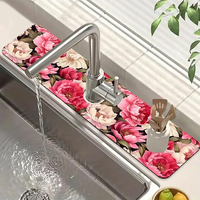 Garden Flowers Kitchen Sink Splash Guard Faucet Mat Watercolor Peonies Super