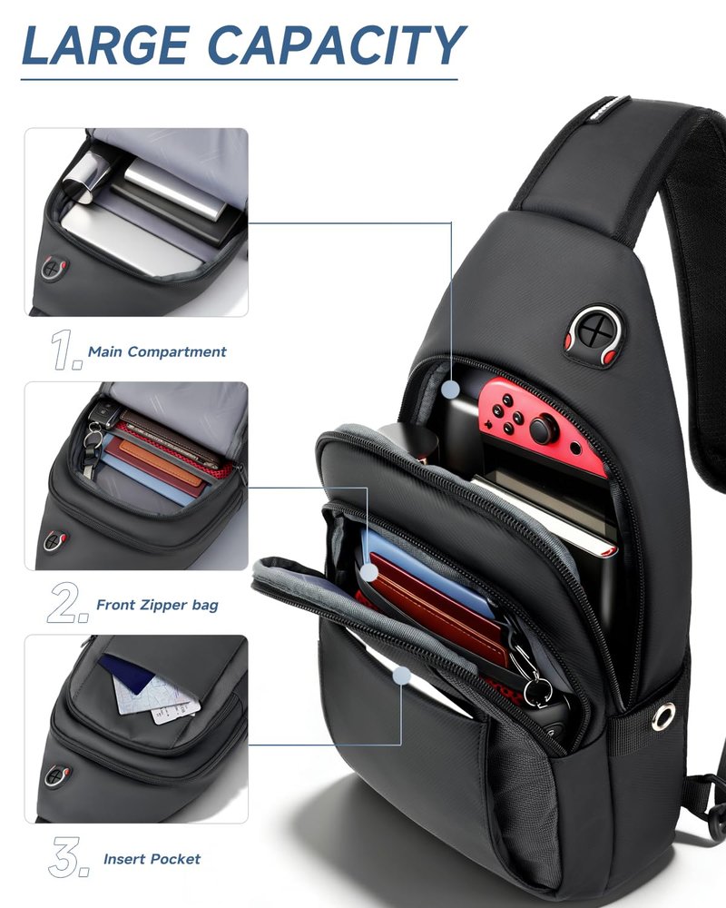 baaob Sling Bag for Men, Anti Theft Crossbody Bag with Lockable Zipper, Water Resistant Chest Bag Fits 11” iPad & Switch 2, Lightweight Sling Backpack for Travel, Work & Commuting