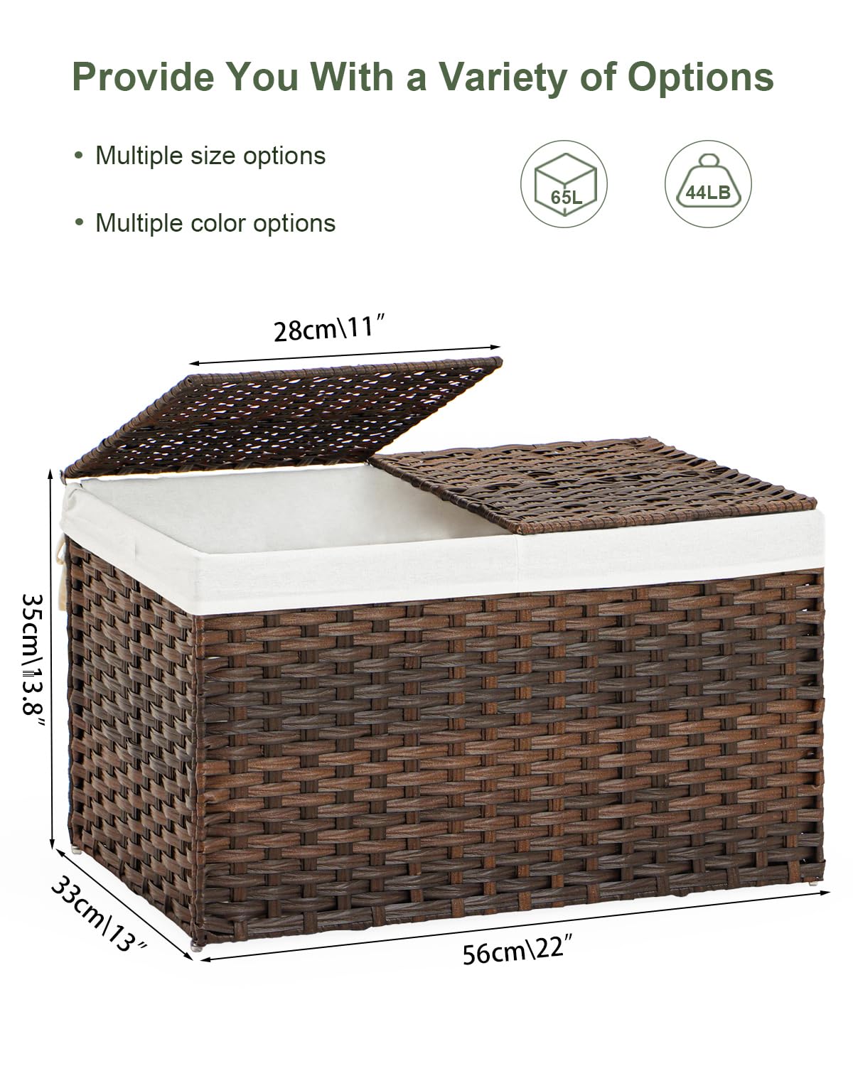 SETVSON Storage Basket with Lid Rattan Woven Storage Baskets with 2 Separate Lids, 17.2 Gallon (65 L), 22 x 13 x 13.8 Inches,Foldable, 2 Removable Liner Bags Handles for Bedroom, Laundry Room Brown
