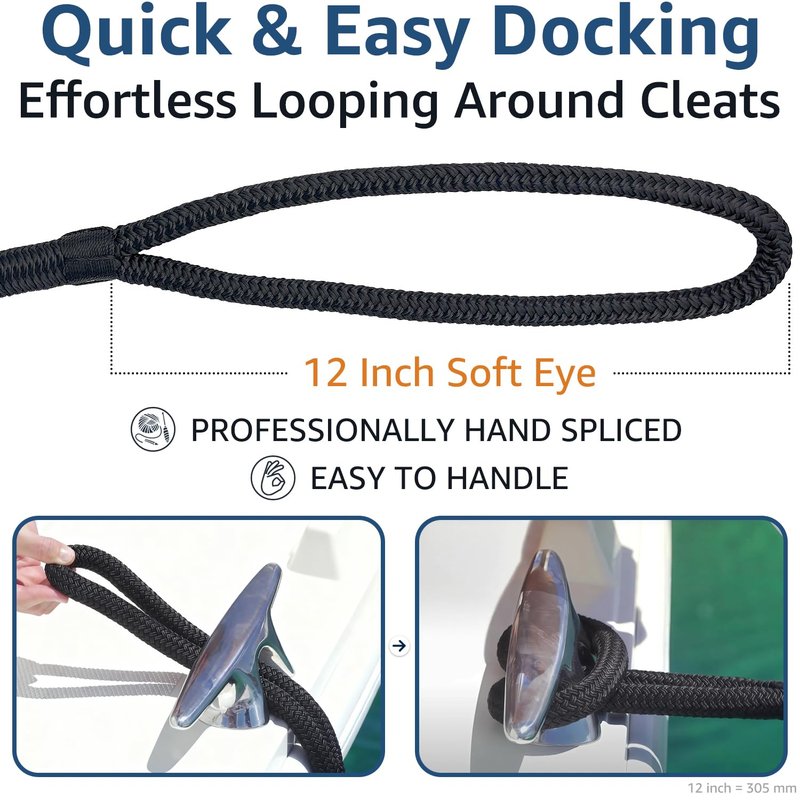PACTHSD 2 Pack 1/2" x 15' Dock Lines - Marine Grade Nylon Boat Rope with 12" Loop for Docking and Mooring - Double Braided Boat Lines, High Strength, Easy Handling, Fray Resistant - Black