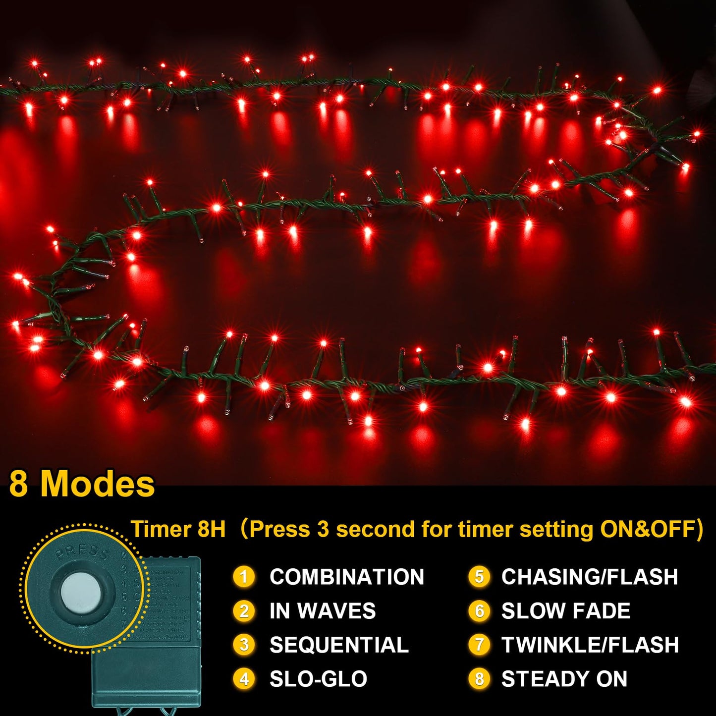 LAMPHOME 500 LED Red String Lights, 46ft 11 Modes Plug in Twinkle Fairy Lights, Waterproof Connectable Cluster Christmas Lights for Christmas Tree, Valentine's Day, Bedroom & Party Decor
