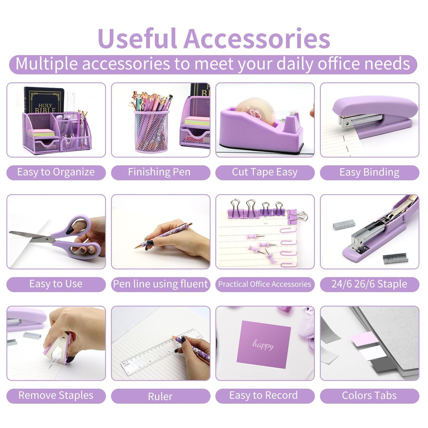 Purple Desk Organizers and Accessories,12pcs Office Desk Accessories Supplies,With Pen Holder, Tape Holder, Stapler, Scissors, Ruler, Staple Remover for Home & School, Office Supplies Gift for Women