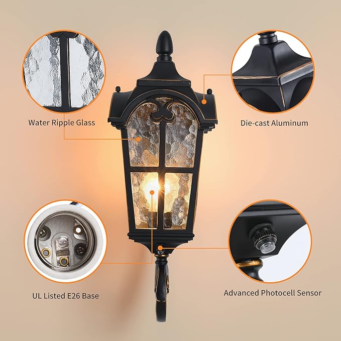 LONEDRUID Dusk to Dawn Sensor Outdoor Wall Light Fixtures Black Roman 17.71" H Exterior Wall Lantern Waterproof Sconce Porch Lights Wall Mount for House Garage Doorway, ETL Listed