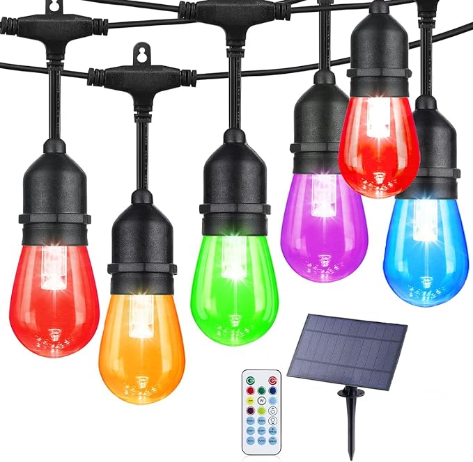 96FT Solar Outdoor String Lights, 30 Shatterproof Edison LED Bulbs, Dimmable RGB Color Changing Patio Lights with Remote, Waterproof Commercial Grade Fairy Lights for Garden, Yard
