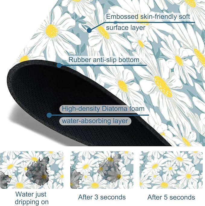 White Flower Sink Splash Guard Cute Chamomile Faucet Absorbing Mat Fast Drying