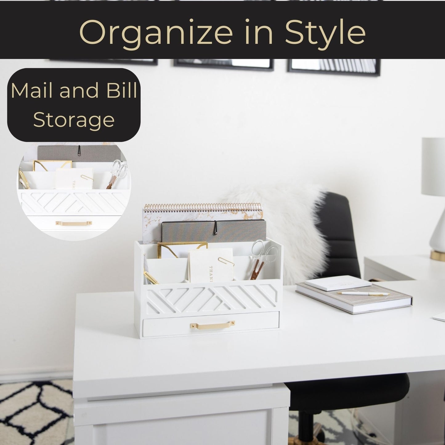 BLU MONACO | White Wooden Mail Organizer with Drawer & Gold Handle | Mail Sorter Organizer Countertop | Tabletop Organizer with Drawers & Outgoing Mail Holder