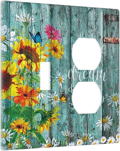 Decorative Light Switch Cover Plate Rustic Vintage Wood Planks Sunflower Butterfly 2 Gang Outlet Covers 1 Toggle 1 Duplex Wall Plate Decorate Electrical Switch Plate Covers for Bathroom Home Decor