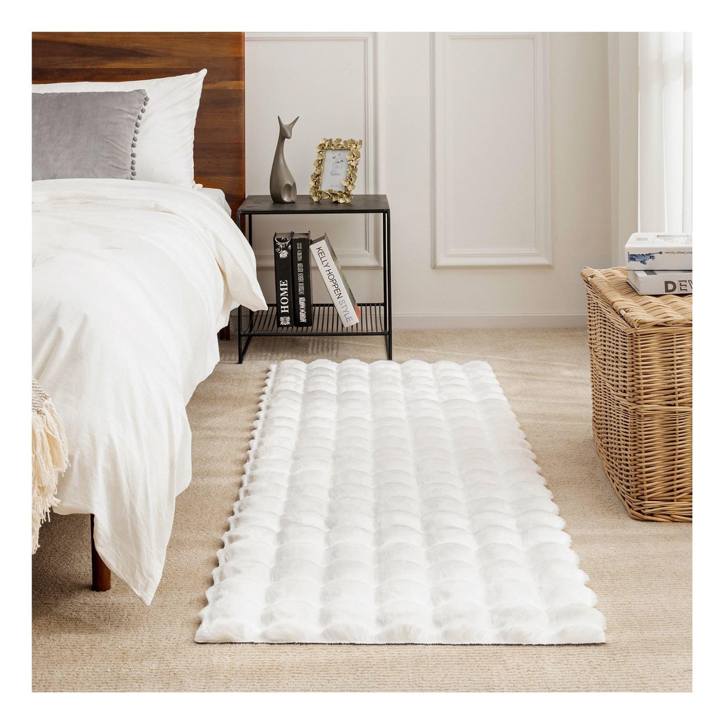Ashler Faux Rabbit Fur Rug, White 2x6 FT Fluffy Soft Runner Area Rugs, Rectangle Fuzzy Carpet for Living Room, Bedroom, Machine Washable - 3D Bubble Mat