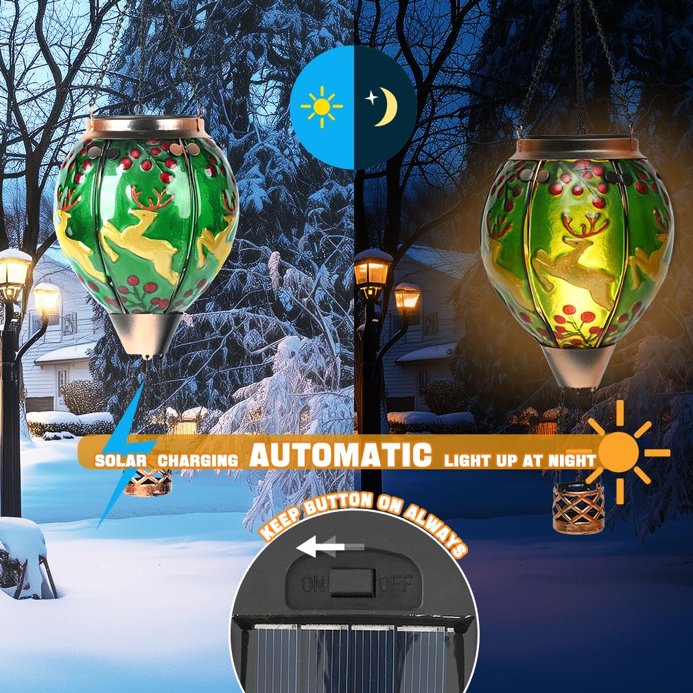 Solar Powered Hot Air Balloon Lantern - Reindeer Glass Lantern, Simulated Flickering & Dancing Flame, Outdoor Hanging Yard Light Waterproof IP65 for Patio Lawn Porch Christmas Decor Gift