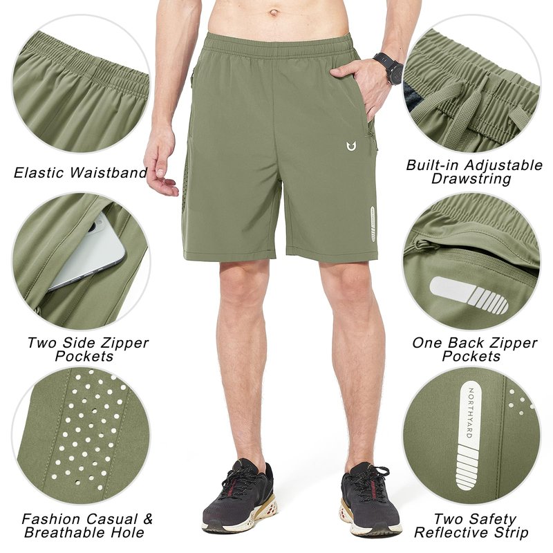 NORTHYARD Men's Athletic Running Shorts Gym Workout 7"/9"/5" Quick Dry Lightweight Sports Basketball Tennis 3 Zipper Pockets LightGreen L