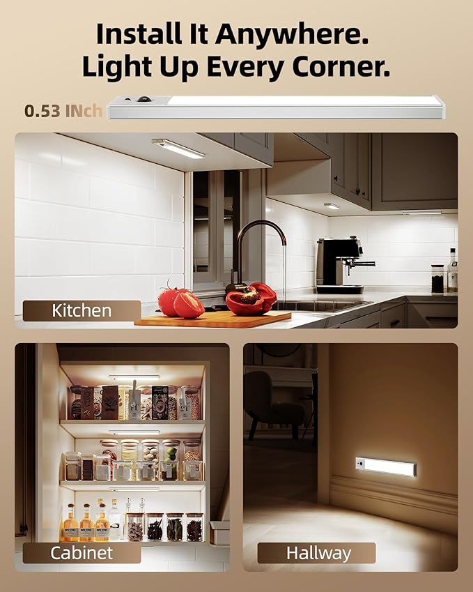 EZVALO 3 Pack Under Cabinet Lighting, 4000mAh Rechargeable Motion Sensor Light, 16inch Magnetic Closet Lights with Dimmable & 3 Color Temps, Wireless Motion Activated Lights with Remote for Kitchen