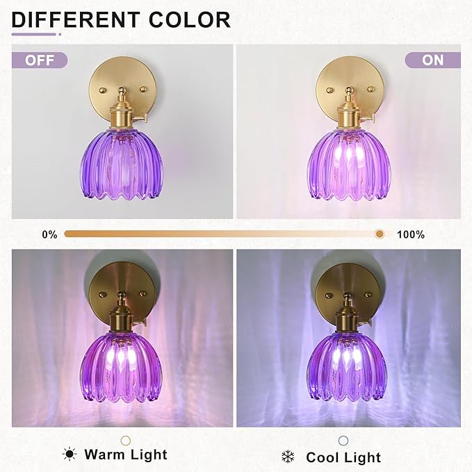 Hardwired Wall Sconce Light, Vintage Wall Sconce with Switch, Gold Wall Light Fixture with Tulip Purple Glass Lampshade, Indoor Wall Light for Bedroom Bathroom, Bedside Wall Lamp
