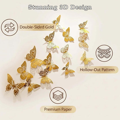 Kisajar Butterfly Wall Decor,108 Pcs 3D Gold Butterflies - 5 Styles 3 Sizes Removable Decorative Butterflies Stickers for Bouquets,Birthday Party,Wedding,Cake Decorations