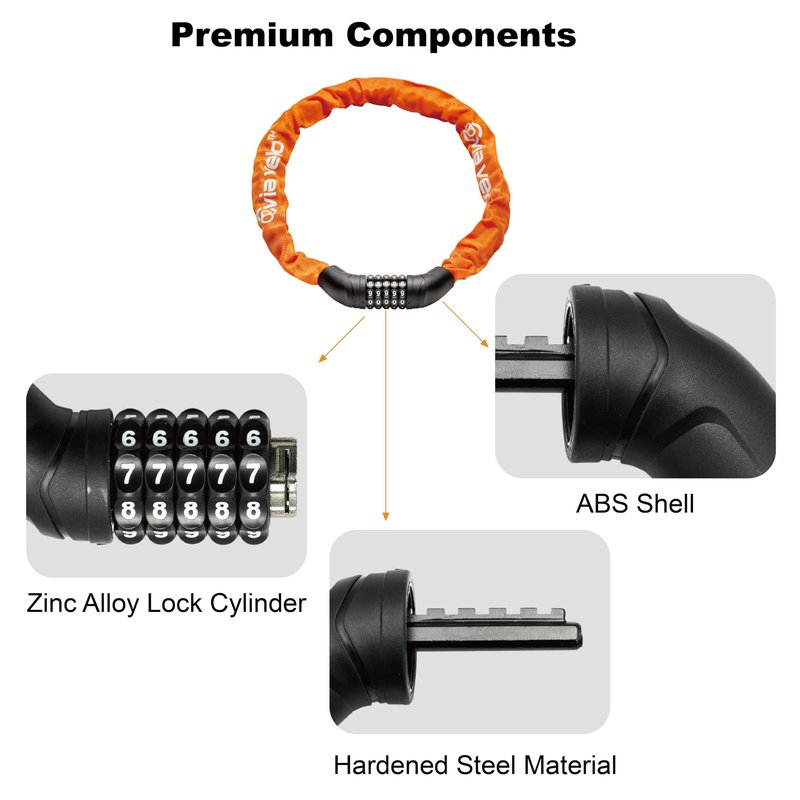 Via Velo Bike Chain Lock, 5-Digit Resettable Combination Heavy Duty Anti-Theft Bicycle Lock, 2.95 Ft Security Bike Locks for Scooter, Motorcycle, Gate, Fence, Valuables Etc(Orange)