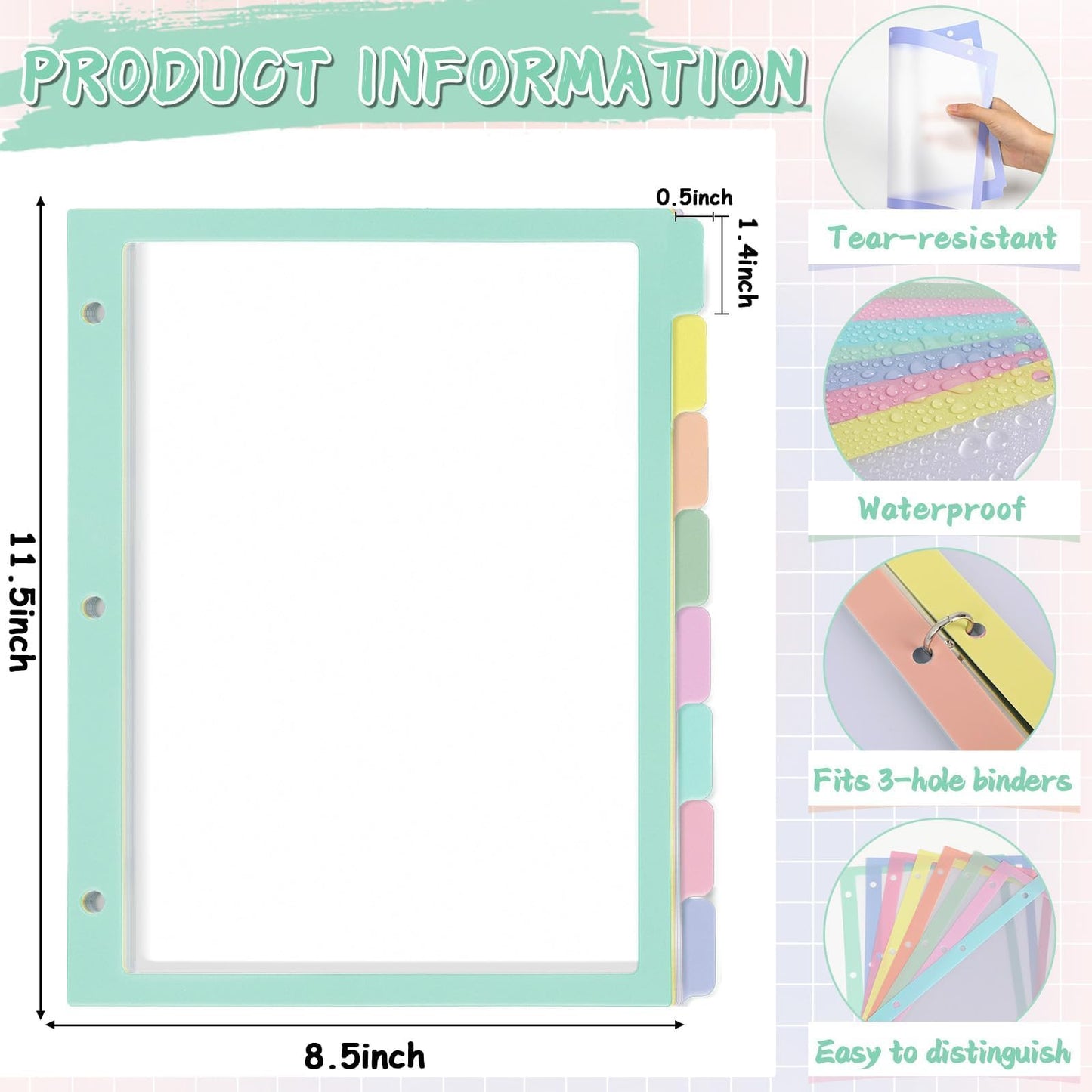 gisgfim 48Pcs/6 Set 8 Tab Dividers for 3 Ring Binder 8 Color Clear Plastic Binder Divider with Tabs 3 Hole Punched Folder Dividers Sheet Protector Binder Index Divider for School Office