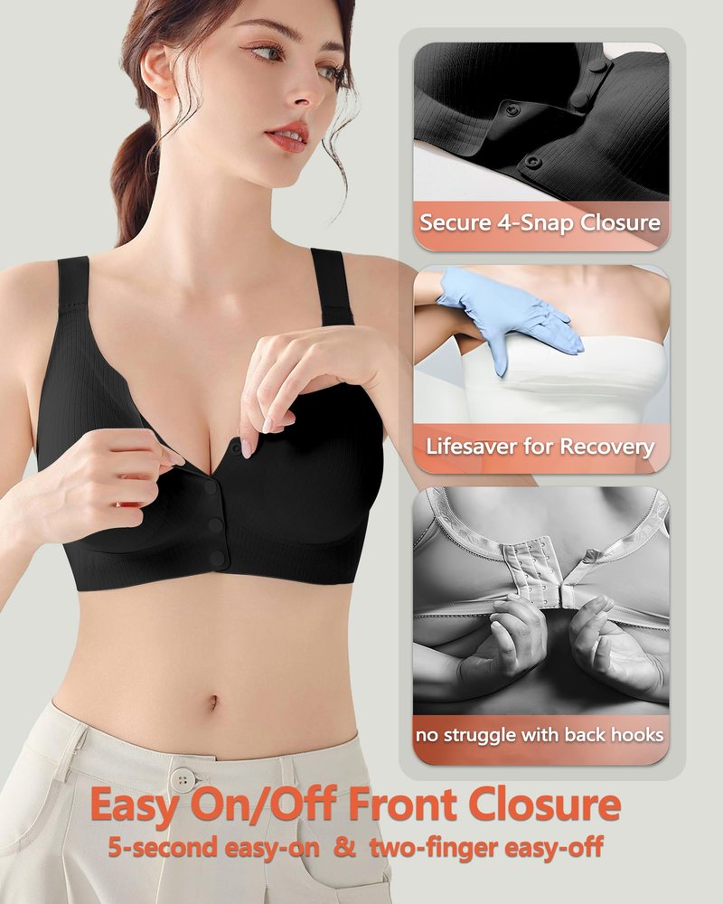 Tupaba Jelly Front Closure Bras for Women Wireless Padded Post Surgery Bra No Underwire Seamless Full Coverage Supportive Comfortable Mastectomy Bralettes for Older Womens Black