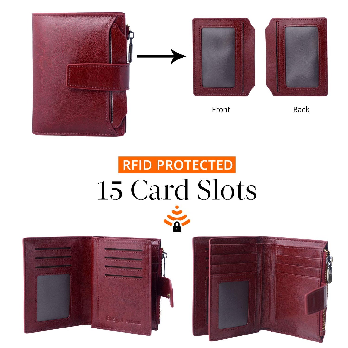 Bveyzi Women's Small Leather RFID Blocking Bifold Zipper Pocket Wallet Ladies Credit Card Slots Purse with id Window(Wine Red)